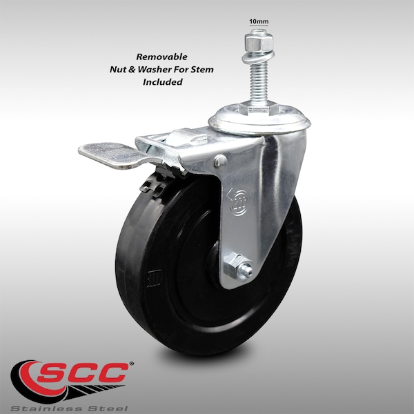 5 Inch SS Soft Rubber 10mm Threaded Stem Caster with Total Lock Brake SCC
